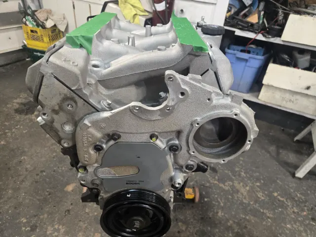 Rebuilt V-block engine on workshop bench