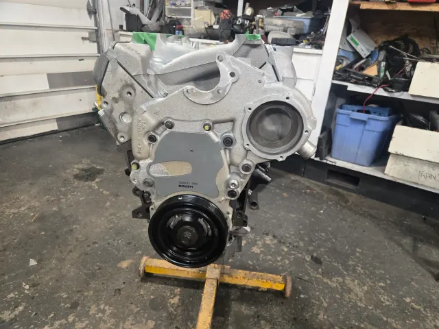 Modern V-engine short block on stand in workshop