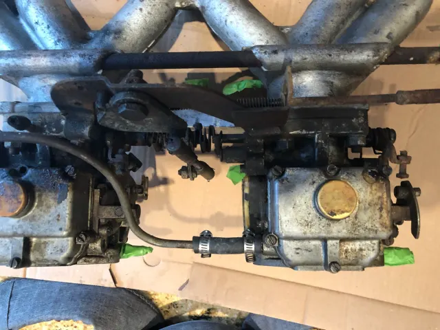 Twin Stromberg carburettors removed with intake manifold