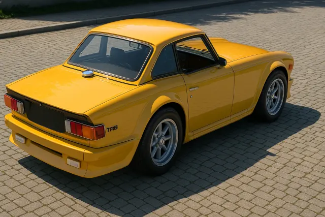 Yellow Triumph TR6 with hardtop, rear three-quarter