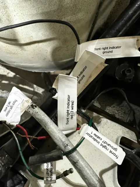 Labelled front right indicator wiring during teardown